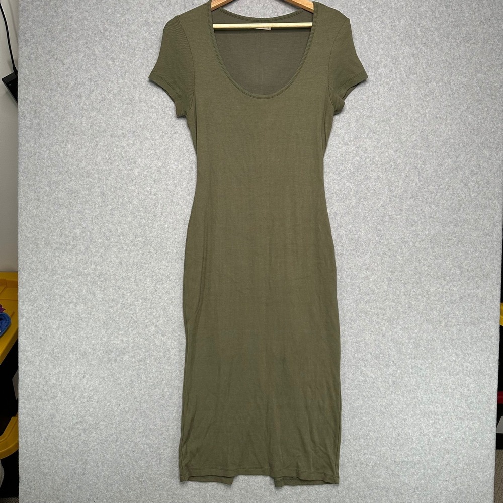Marine Layer Womens Olive Green Ribbed Tencel Scoop Neck Midi Bodycon Dress L
